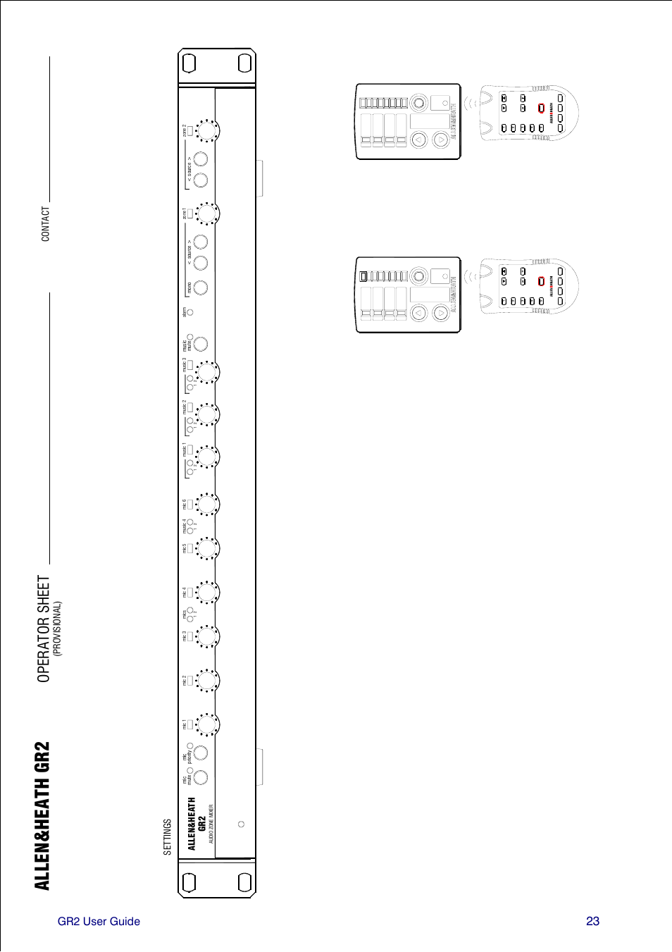 Allen&hea th gr 2, Operator s he et, Gr2 user guide | Cont ac t se tti ng s, P ro vi si on al ) | Allen&Heath GR2 PL-12 USER GUIDE 1 User Manual | Page 23 / 24