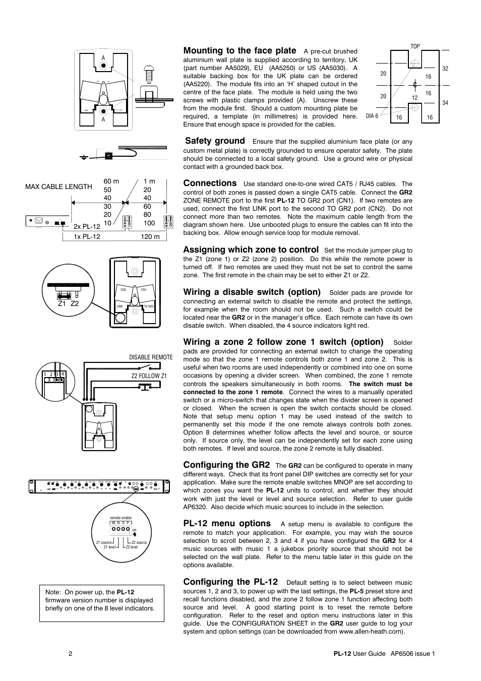 Mounting to the face plate, Safety ground, Connections | Assigning which zone to control, Wiring a disable switch (option), Wiring a zone 2 follow zone 1 switch (option), Configuring the gr2, Pl-12 menu options, Configuring the pl-12 | Allen&Heath GR2 PL-12 USER GUIDE 2 User Manual | Page 2 / 4