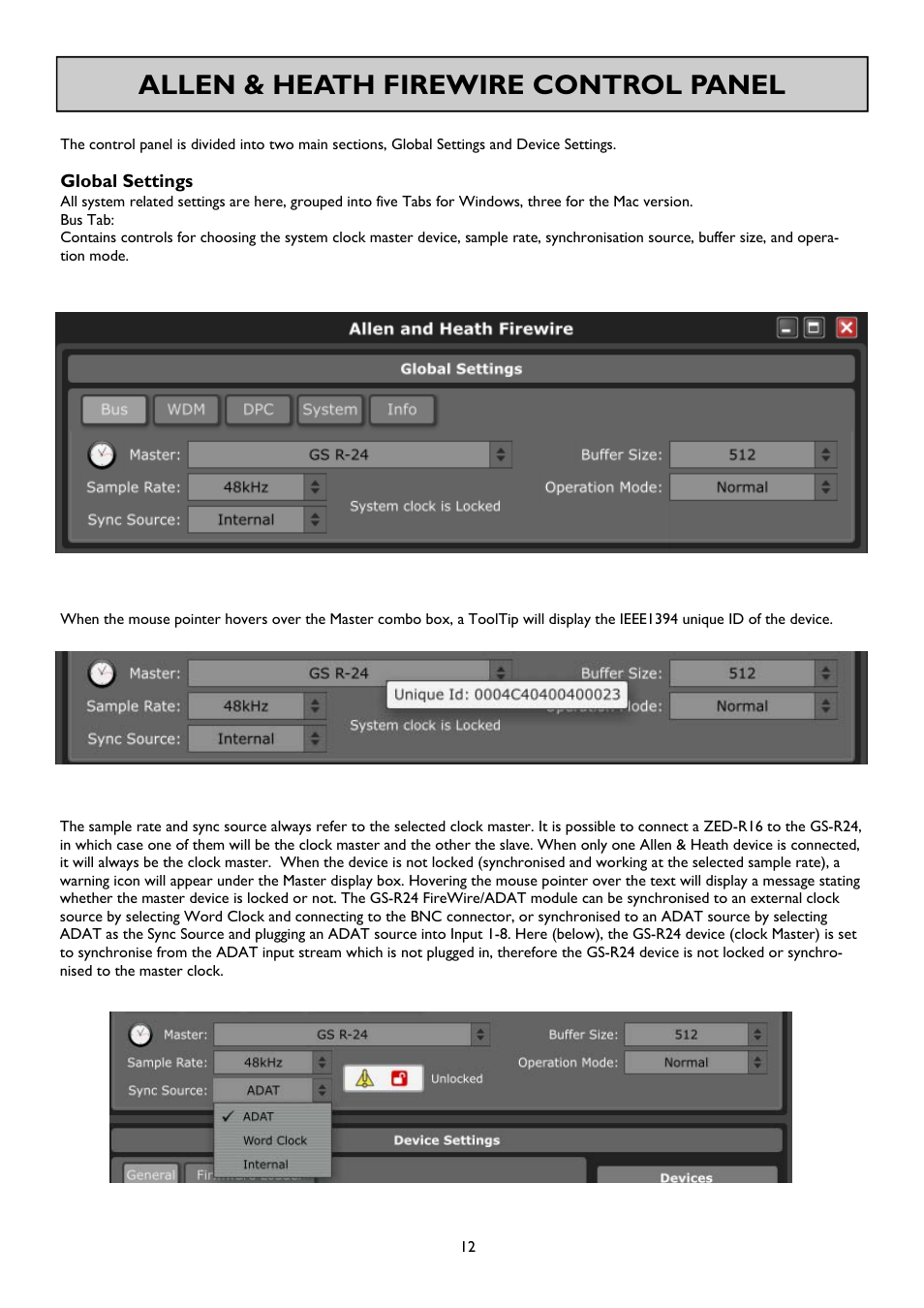 Allen & heath firewire control panel | Allen&Heath FireWire Interface User Manual | Page 12 / 20