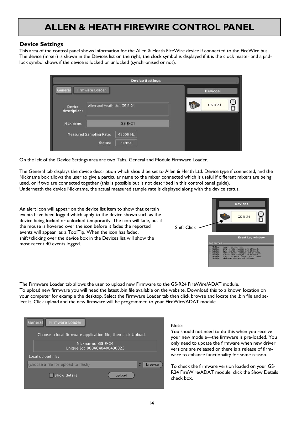 Allen & heath firewire control panel | Allen&Heath FireWire Interface User Manual | Page 14 / 20