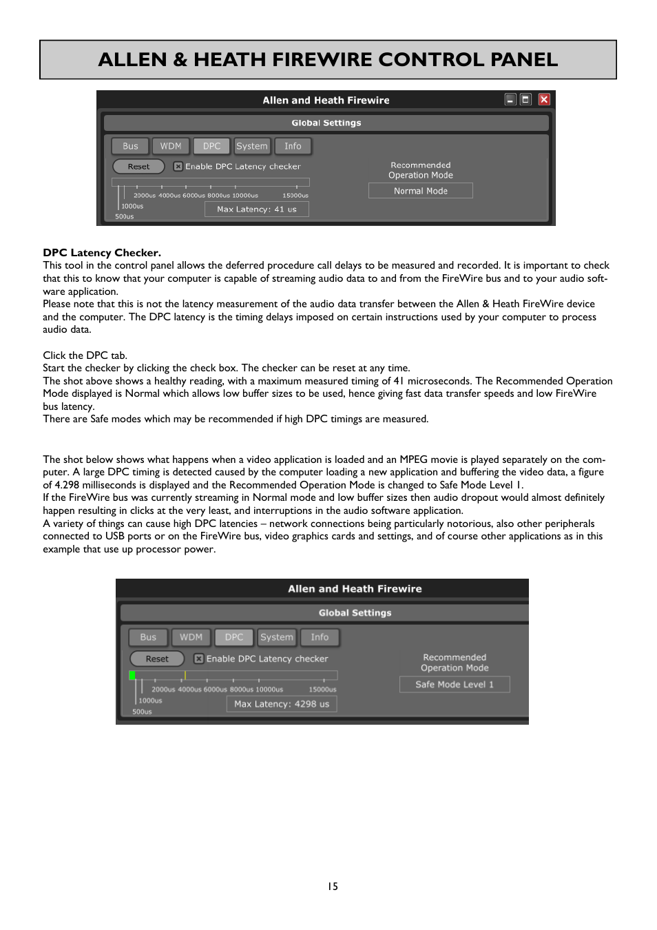 Allen & heath firewire control panel | Allen&Heath FireWire Interface User Manual | Page 15 / 20