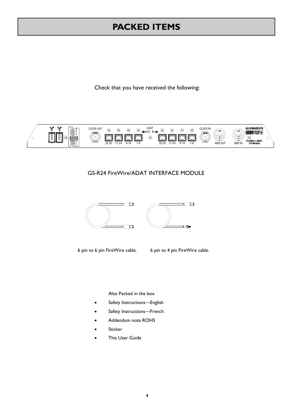 Packed items, Check that you have received the following, Gs-r24 firewire/adat interface module | Allen&Heath FireWire Interface User Manual | Page 4 / 20