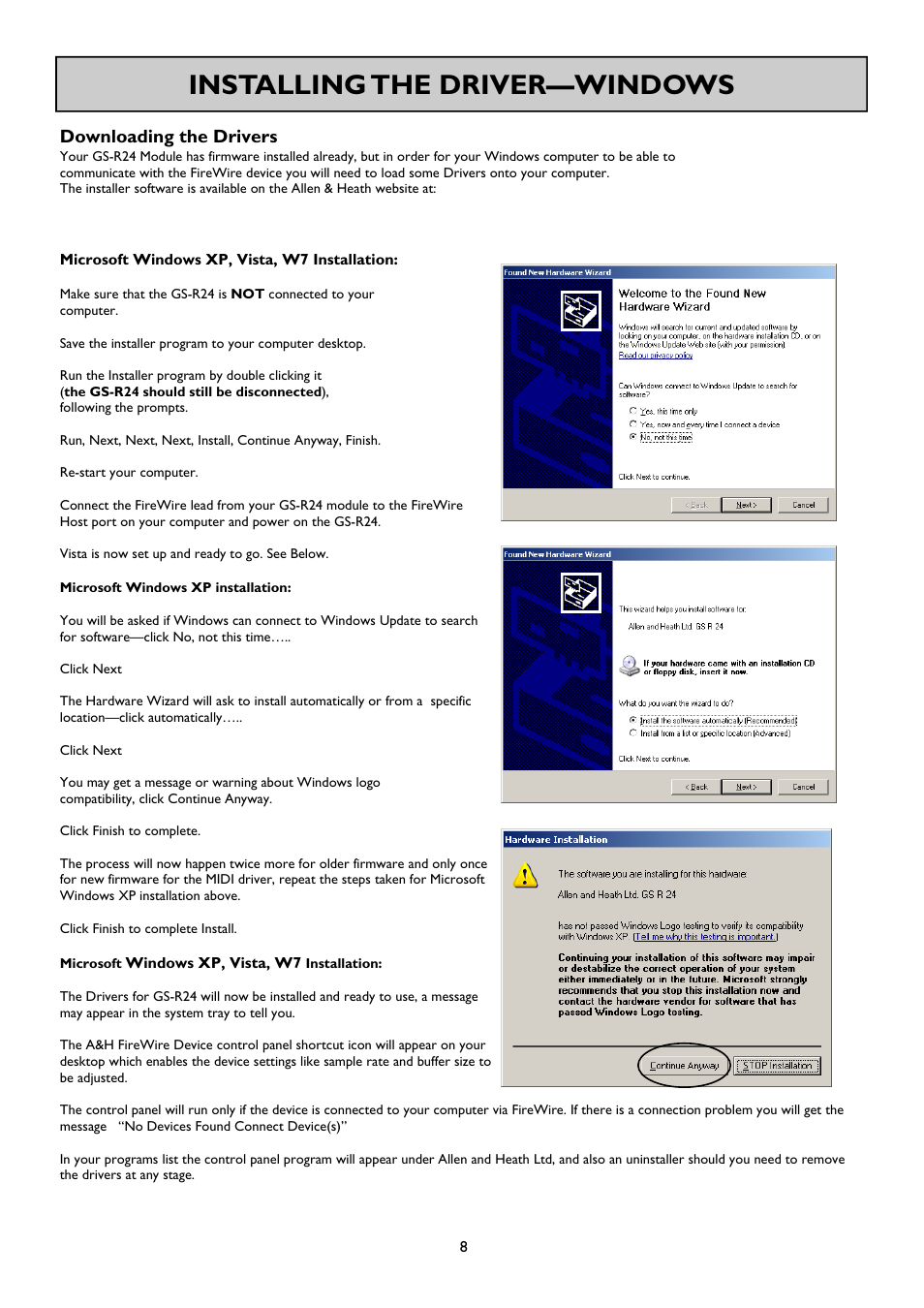 Installing the driver—windows | Allen&Heath FireWire Interface User Manual | Page 8 / 20