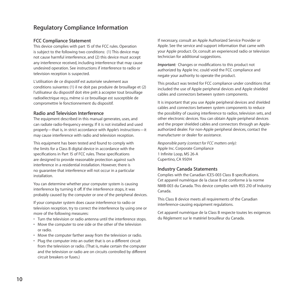 Regulatory compliance information | Apple Component AV Cable User Manual | Page 10 / 12