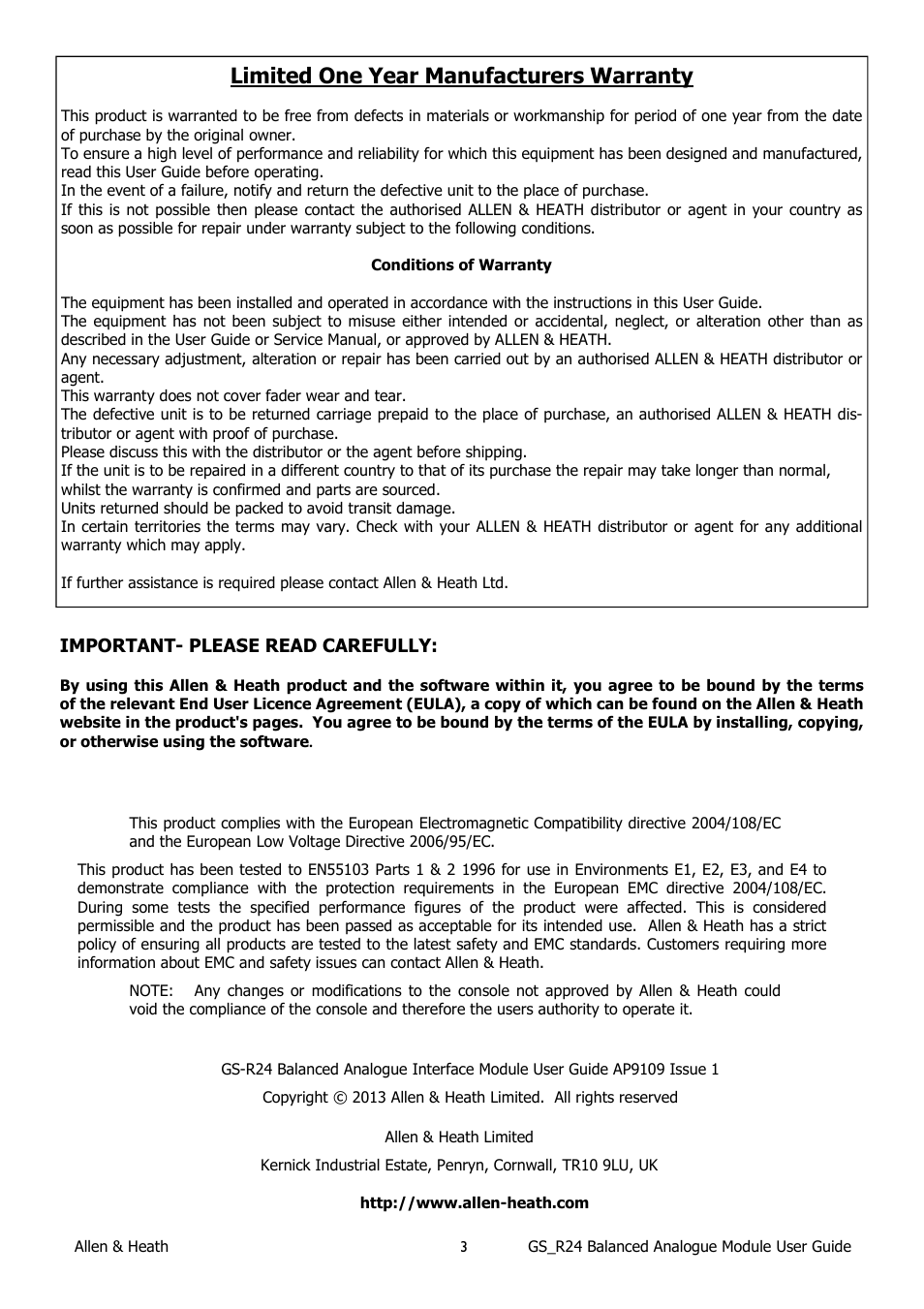 Limited one year manufacturers warranty | Allen&Heath Analogue Interface User Manual | Page 3 / 12