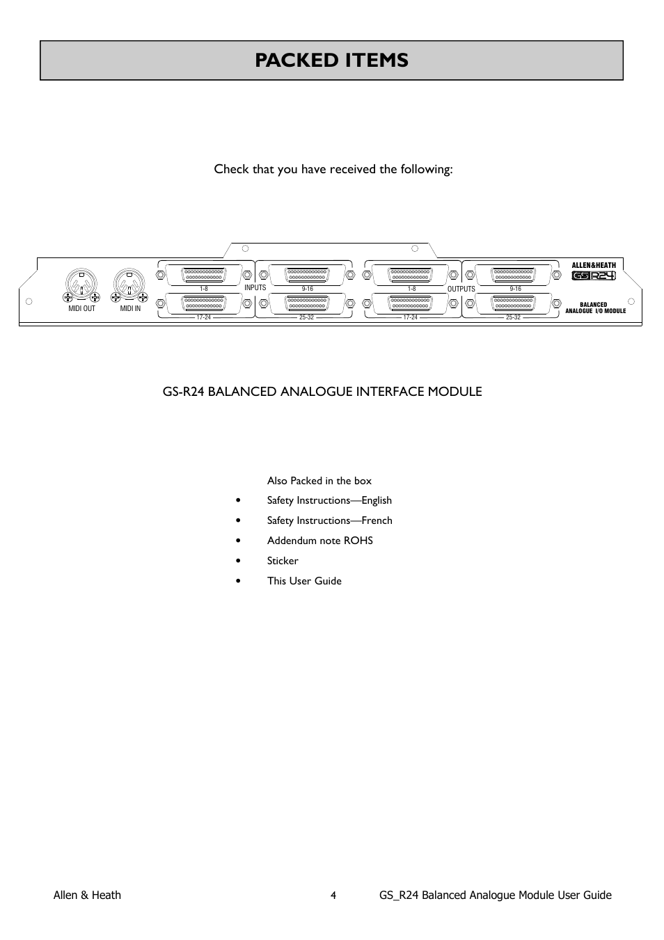 Packed items, Check that you have received the following, Gs-r24 balanced analogue interface module | Allen&Heath Analogue Interface User Manual | Page 4 / 12