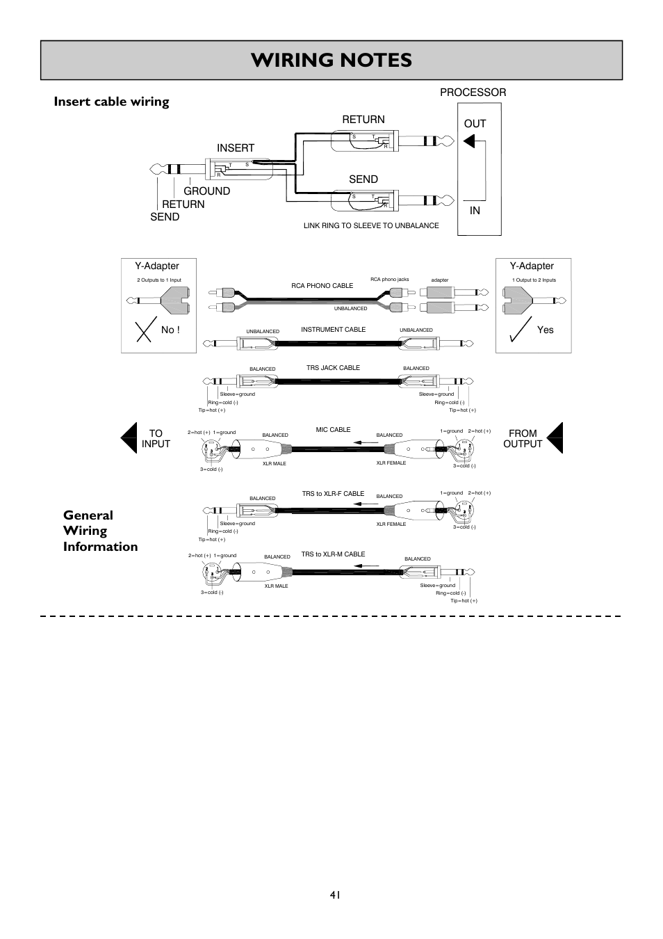 Insert cable wiring, General wiring information, Allen & heath 41 gs_r24 user guide | Y-adapter no, Y-adapter yes | Allen&Heath GS-R24M User Manual | Page 41 / 44