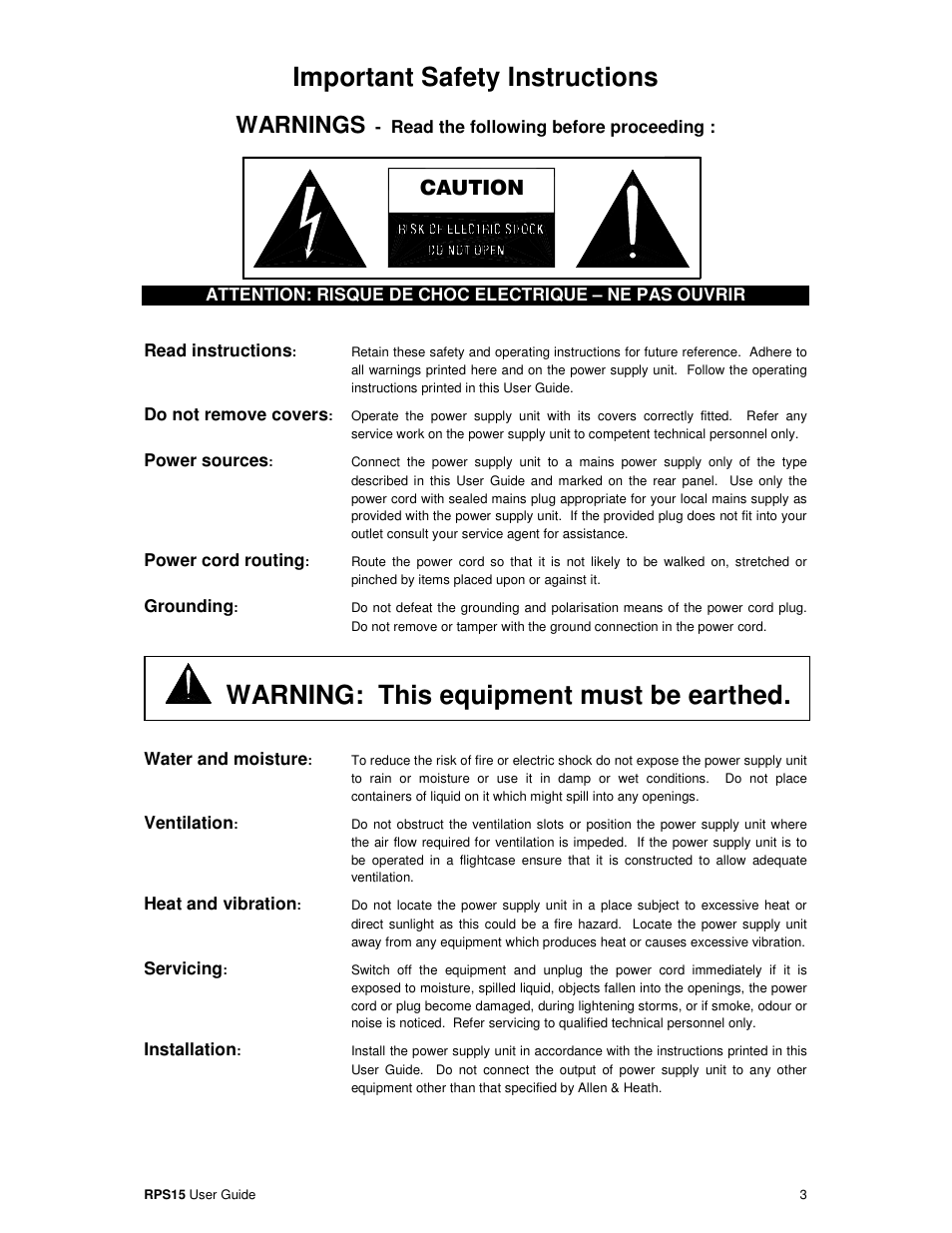 Important safety instructions, Warning: this equipment must be earthed, Warnings | Caution | Allen&Heath RPS15 User Manual | Page 3 / 8