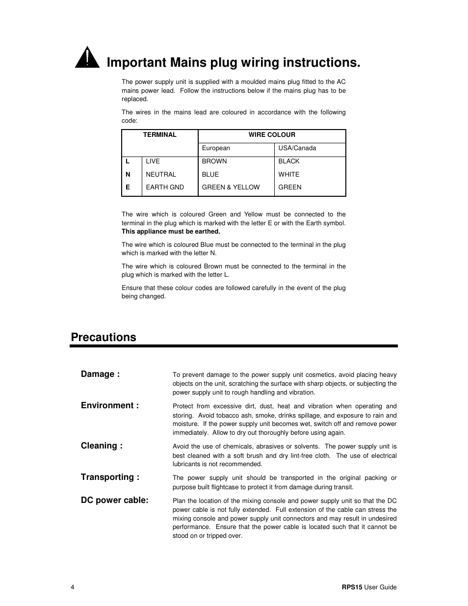 Important mains plug wiring instructions, Precautions | Allen&Heath RPS15 User Manual | Page 4 / 8