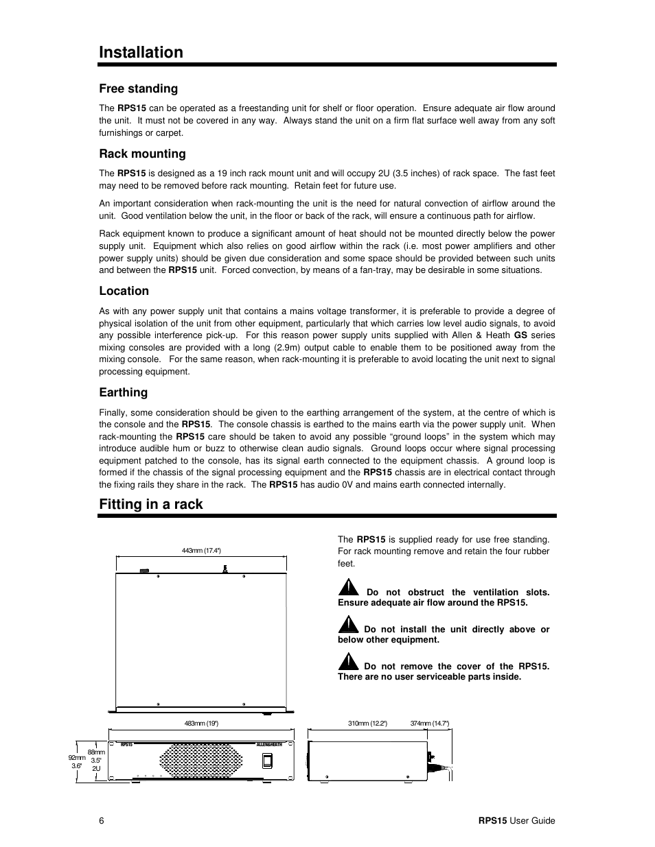 Installation, Fitting in a rack, Free standing | Rack mounting, Location, Earthing | Allen&Heath RPS15 User Manual | Page 6 / 8