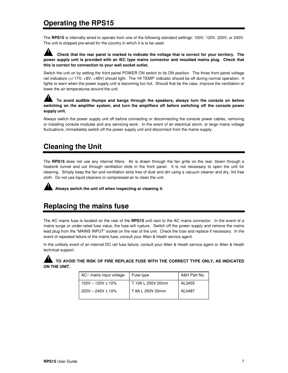 Operating the rps15, Cleaning the unit, Replacing the mains fuse | Allen&Heath RPS15 User Manual | Page 7 / 8