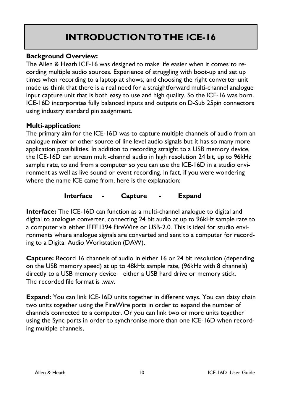 Introduction to the ice-16 | Allen&Heath ICE-16D User Manual | Page 10 / 40