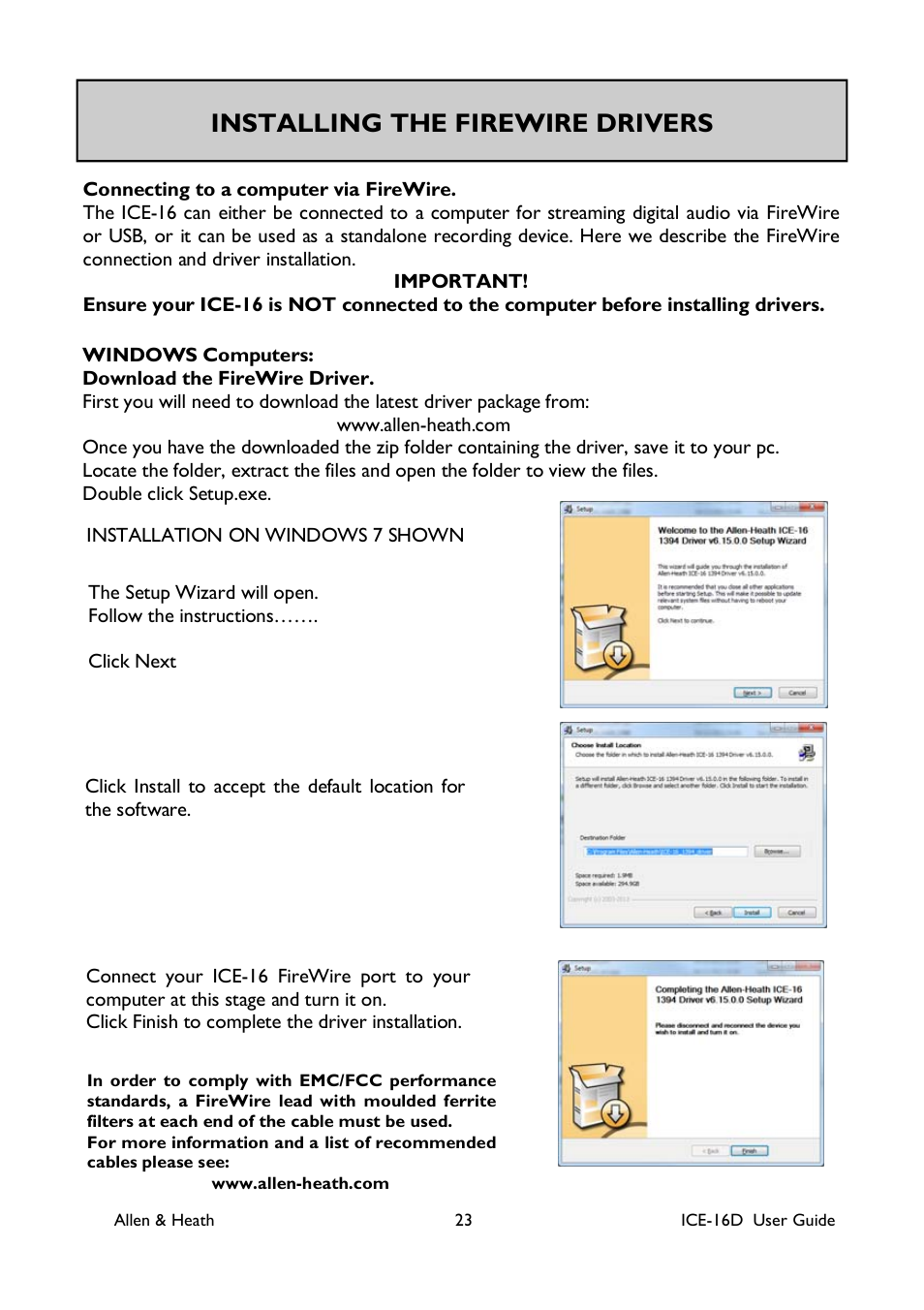 Installing the firewire drivers | Allen&Heath ICE-16D User Manual | Page 23 / 40