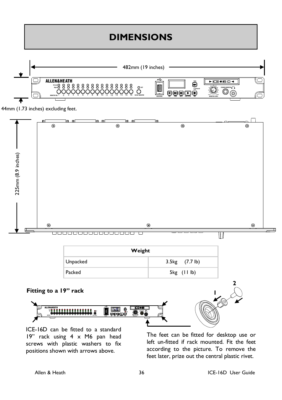 Dimensions, Allen&heath | Allen&Heath ICE-16D User Manual | Page 36 / 40