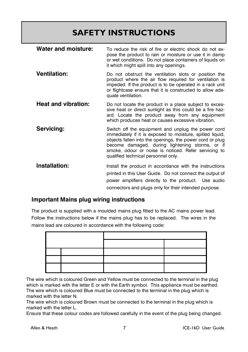 Safety instructions | Allen&Heath ICE-16D User Manual | Page 7 / 40