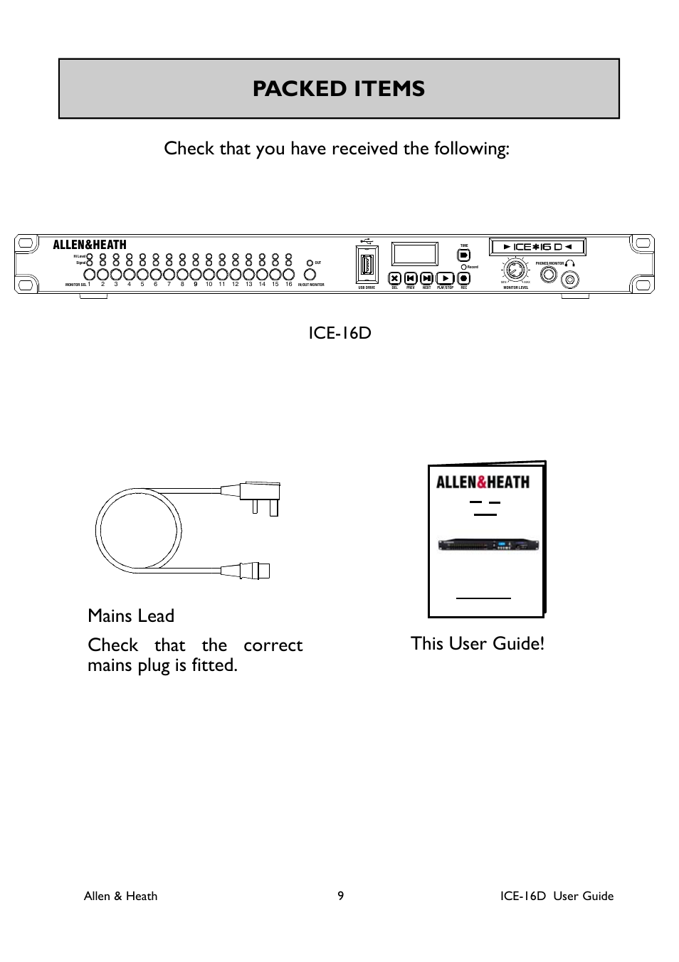 Packed items, This user guide, Ice-16d | Allen & heath 9 ice-16d user guide, Allen&heath | Allen&Heath ICE-16D User Manual | Page 9 / 40