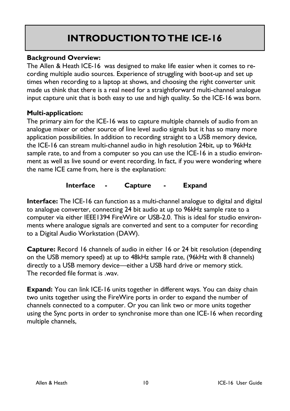 Introduction to the ice-16 | Allen&Heath ICE-16 User Manual | Page 10 / 40