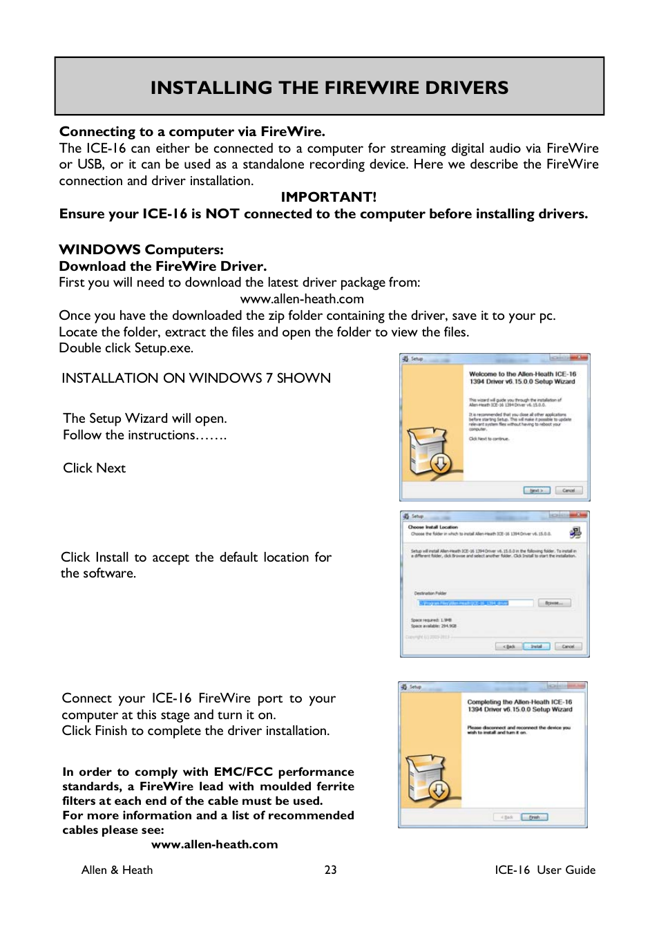 Installing the firewire drivers | Allen&Heath ICE-16 User Manual | Page 23 / 40