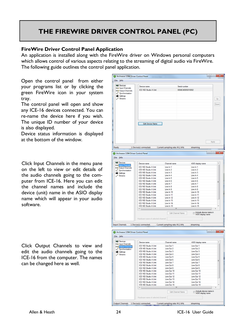 The firewire driver control panel (pc) | Allen&Heath ICE-16 User Manual | Page 24 / 40