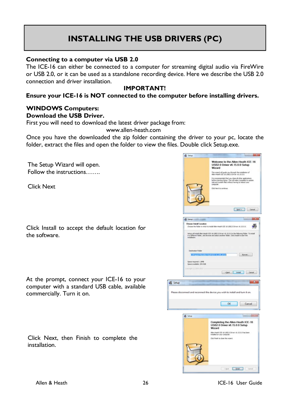 Installing the usb drivers (pc) | Allen&Heath ICE-16 User Manual | Page 26 / 40