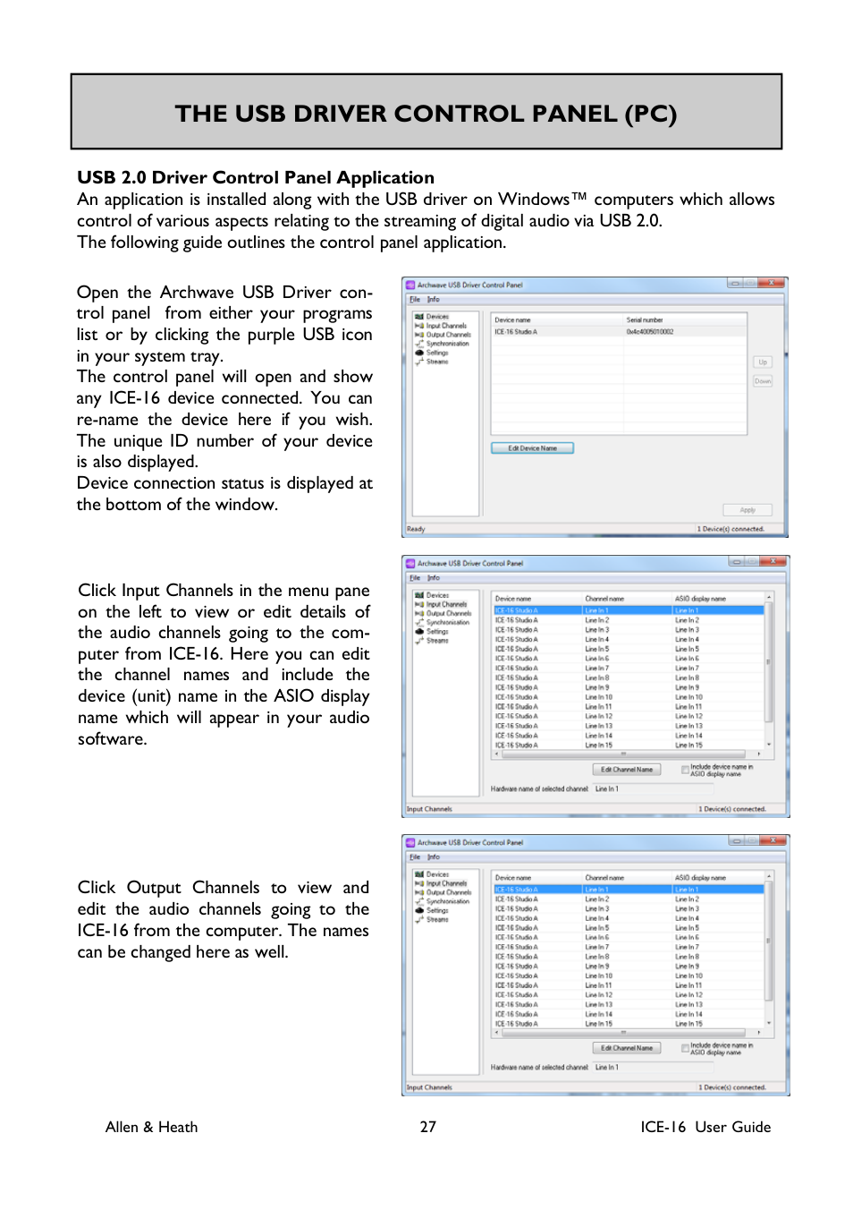 The usb driver control panel (pc) | Allen&Heath ICE-16 User Manual | Page 27 / 40