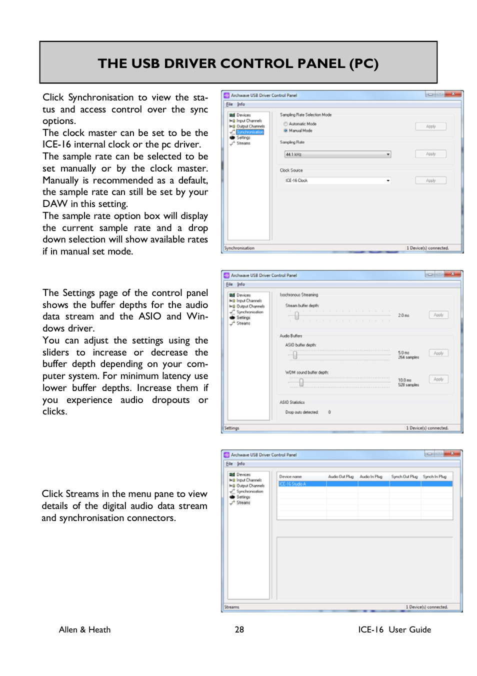 The usb driver control panel (pc) | Allen&Heath ICE-16 User Manual | Page 28 / 40