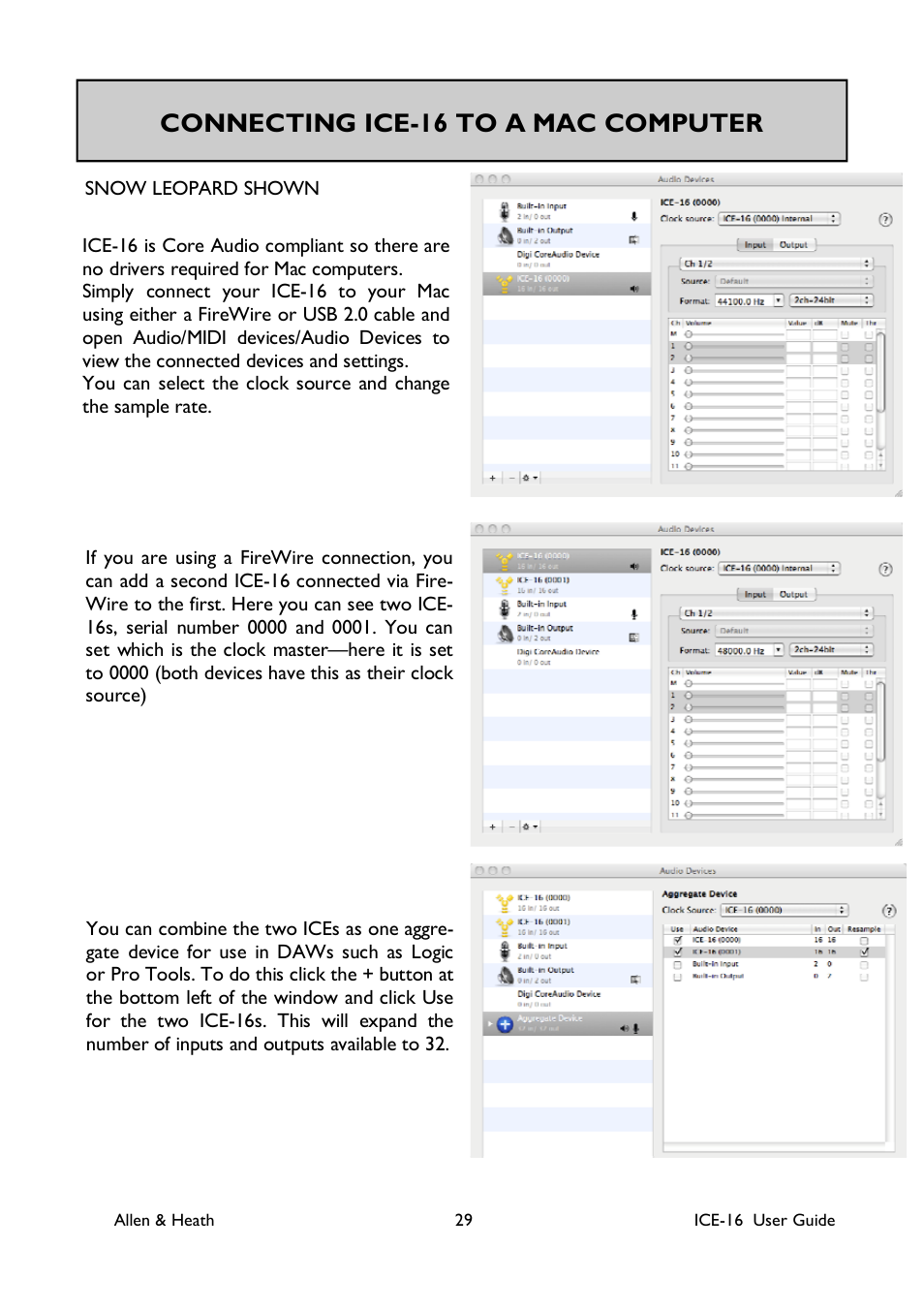 Connecting ice-16 to a mac computer | Allen&Heath ICE-16 User Manual | Page 29 / 40