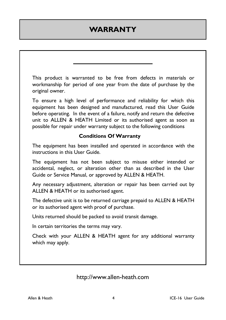 Warranty, Limited one year warranty | Allen&Heath ICE-16 User Manual | Page 4 / 40