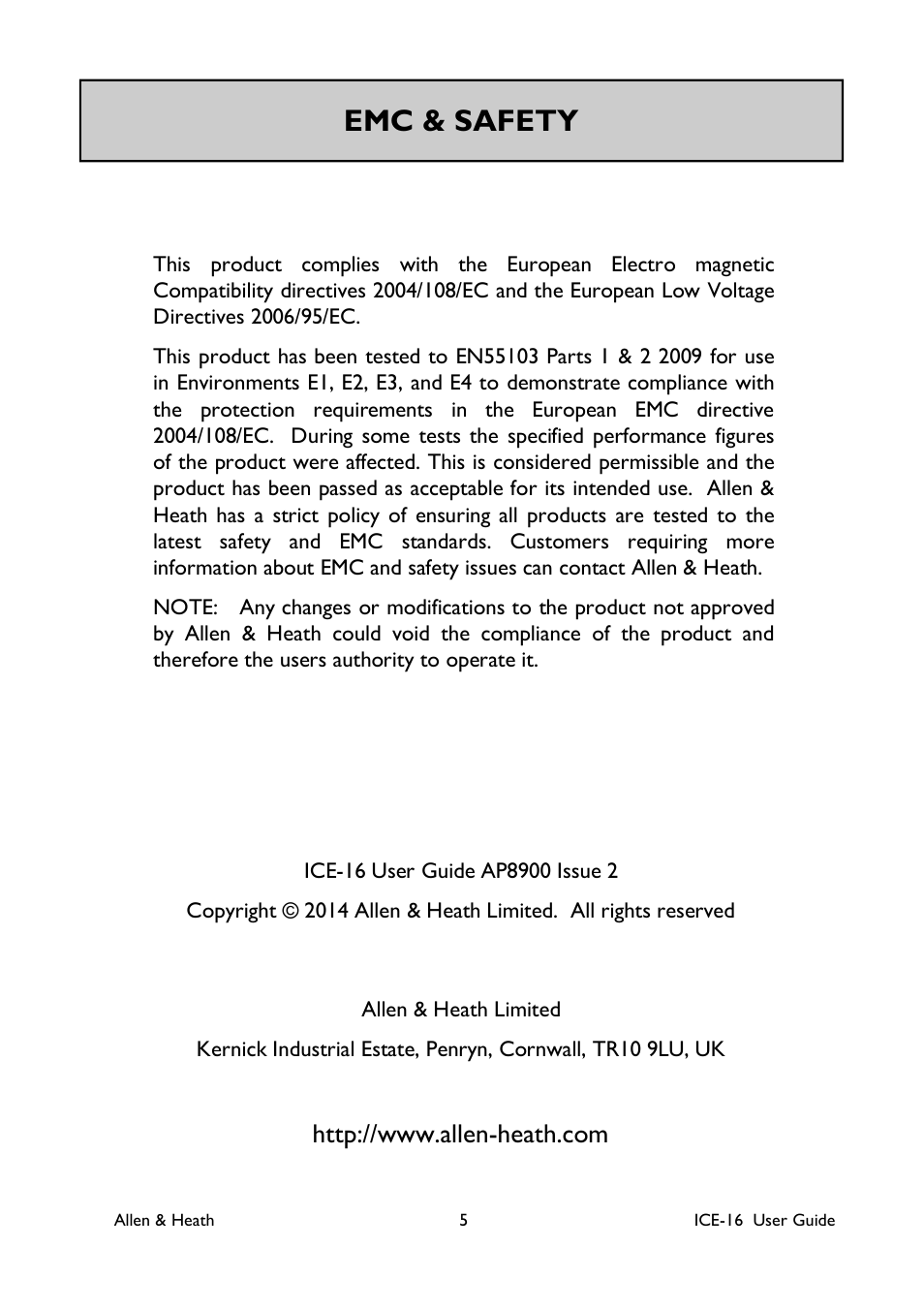 Emc & safety | Allen&Heath ICE-16 User Manual | Page 5 / 40
