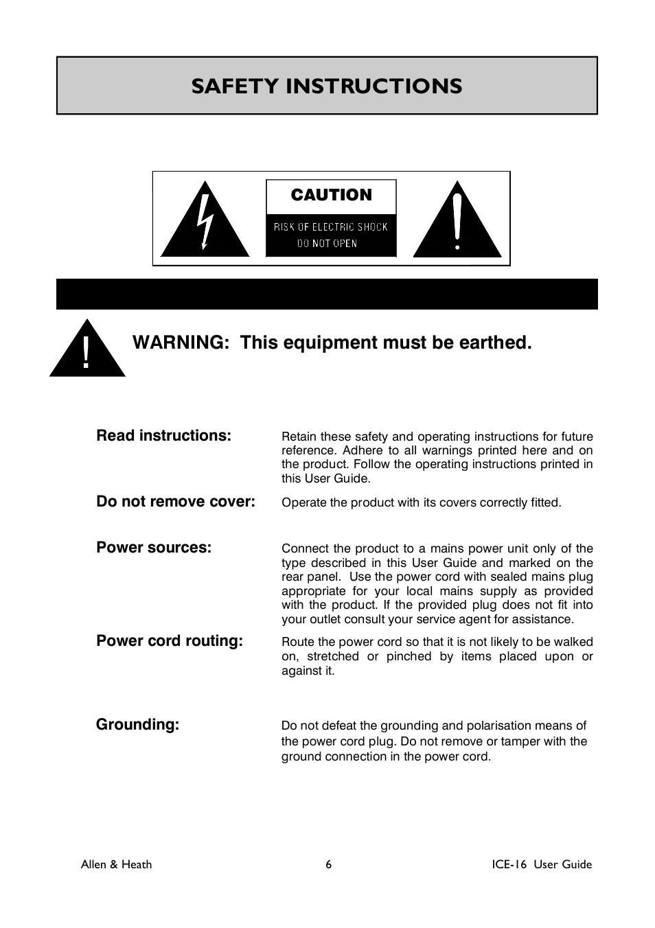 Safety instructions, Warning: this equipment must be earthed, Warning - read the following before proceeding | Allen&Heath ICE-16 User Manual | Page 6 / 40