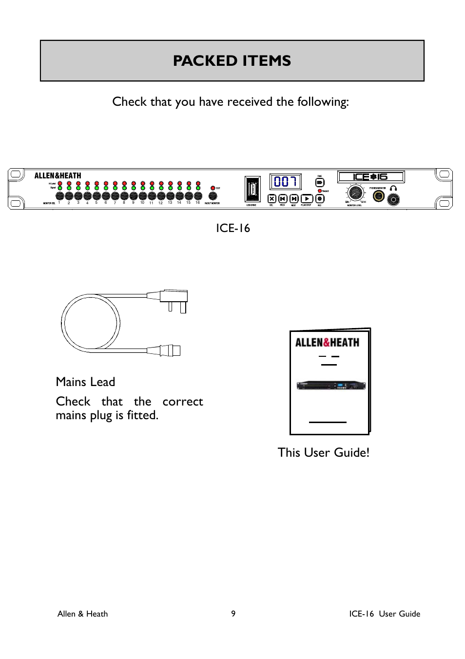 Packed items, This user guide, Ice-16 | Allen & heath 9 ice-16 user guide, Allen&heath | Allen&Heath ICE-16 User Manual | Page 9 / 40