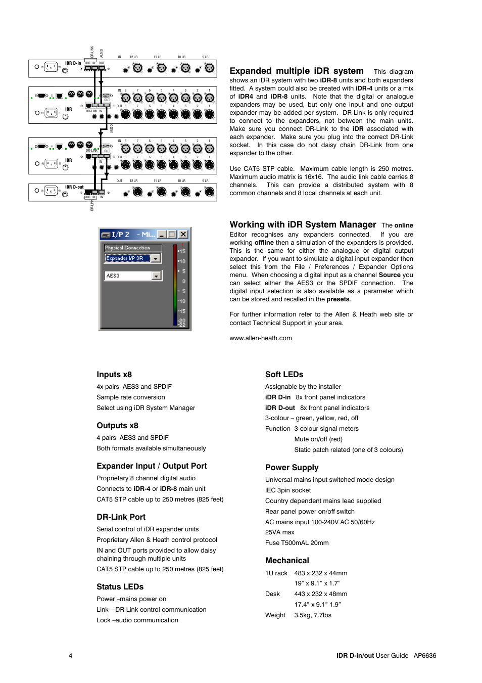 Expanded multiple idr system, Working with idr system manager, Inputs x8 | Outputs x8, Expander input / output port, Dr-link port, Status leds, Soft leds, Power supply, Mechanical | Allen&Heath iDR D-In User Manual | Page 4 / 4