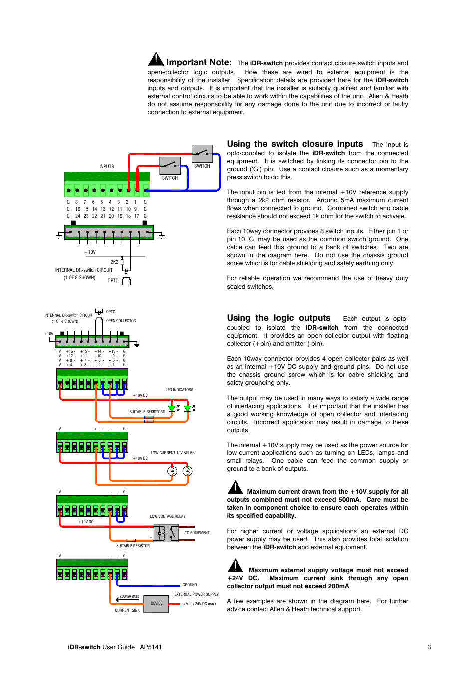 Using the switch closure inputs, Using the logic outputs | Allen&Heath iDR-Switch User Manual | Page 3 / 4