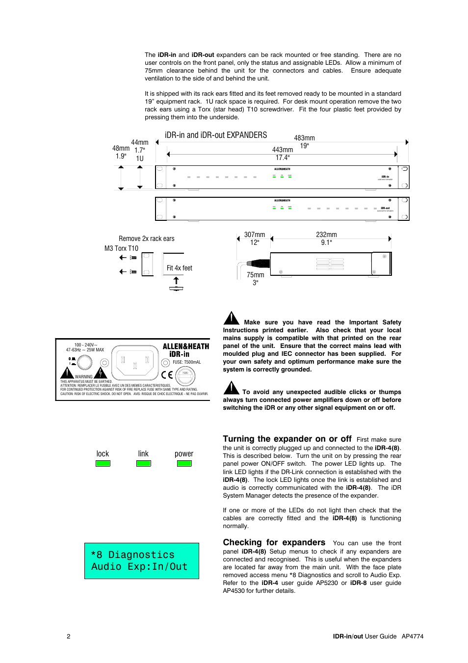 8 diagnostics audio exp:in/out, Turning the expander on or off, Checking for expanders | Idr-in and idr-out expanders, Power lock link | Allen&Heath iDR-In User Manual | Page 2 / 4