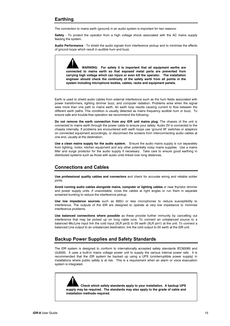 Earthing, Connections and cables, Backup power supplies and safety standards | Allen&Heath iDR-8 User Manual | Page 15 / 48