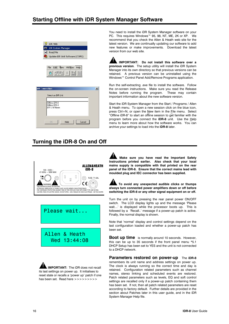 Starting offline with idr system manager software, Turning the idr-8 on and off, Boot up time | Parameters restored on power-up | Allen&Heath iDR-8 User Manual | Page 16 / 48