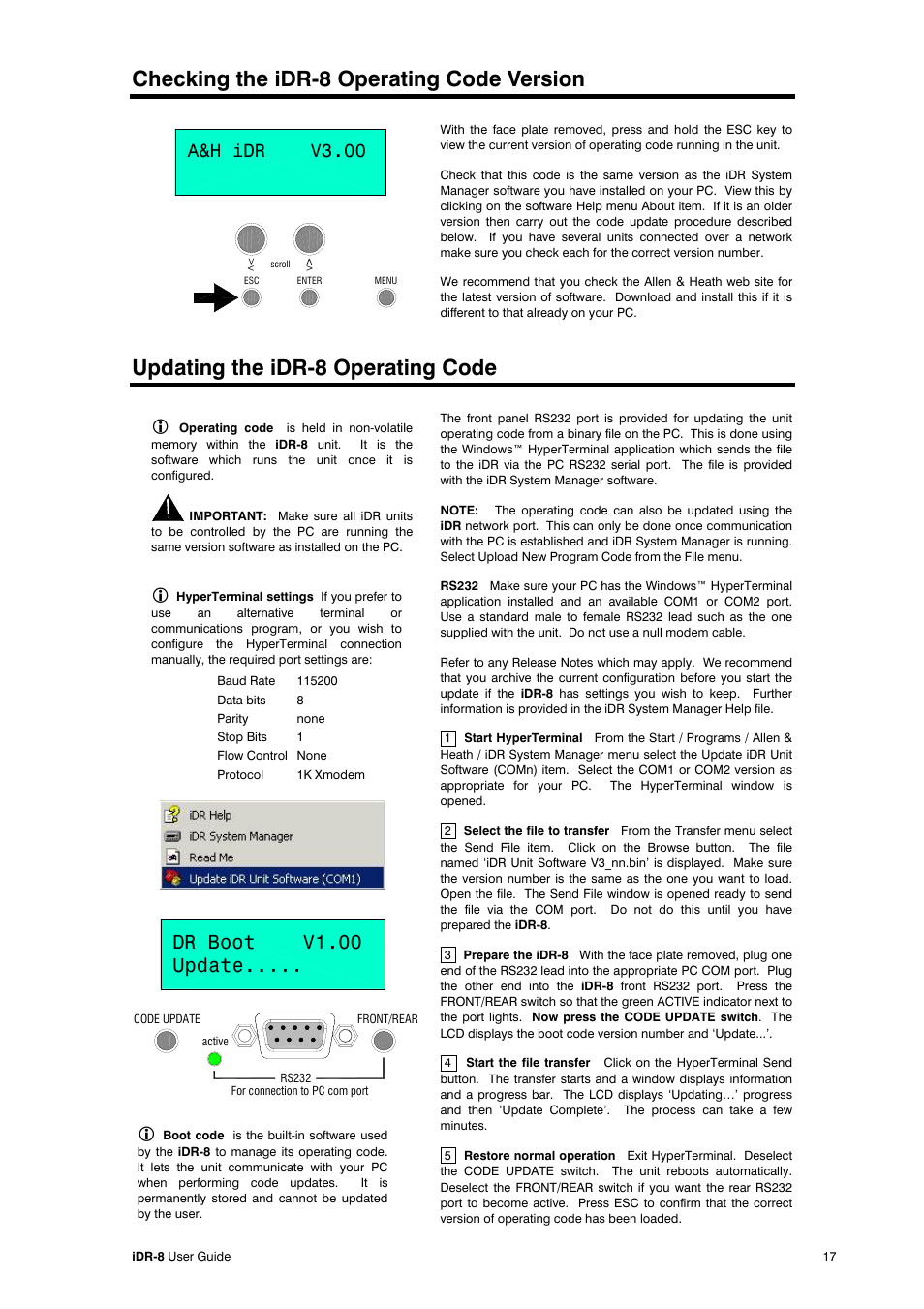 Checking the idr-8 operating code version, Updating the idr-8 operating code, Dr boot v1.00 update | A&h idr v3.00 | Allen&Heath iDR-8 User Manual | Page 17 / 48