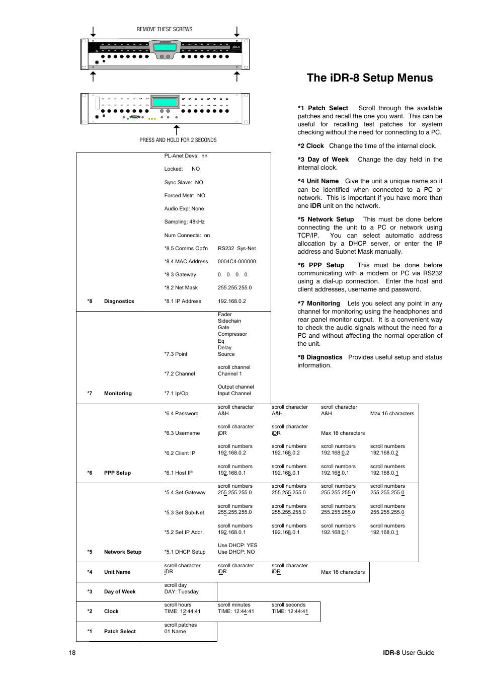 The idr-8 setup menus | Allen&Heath iDR-8 User Manual | Page 18 / 48