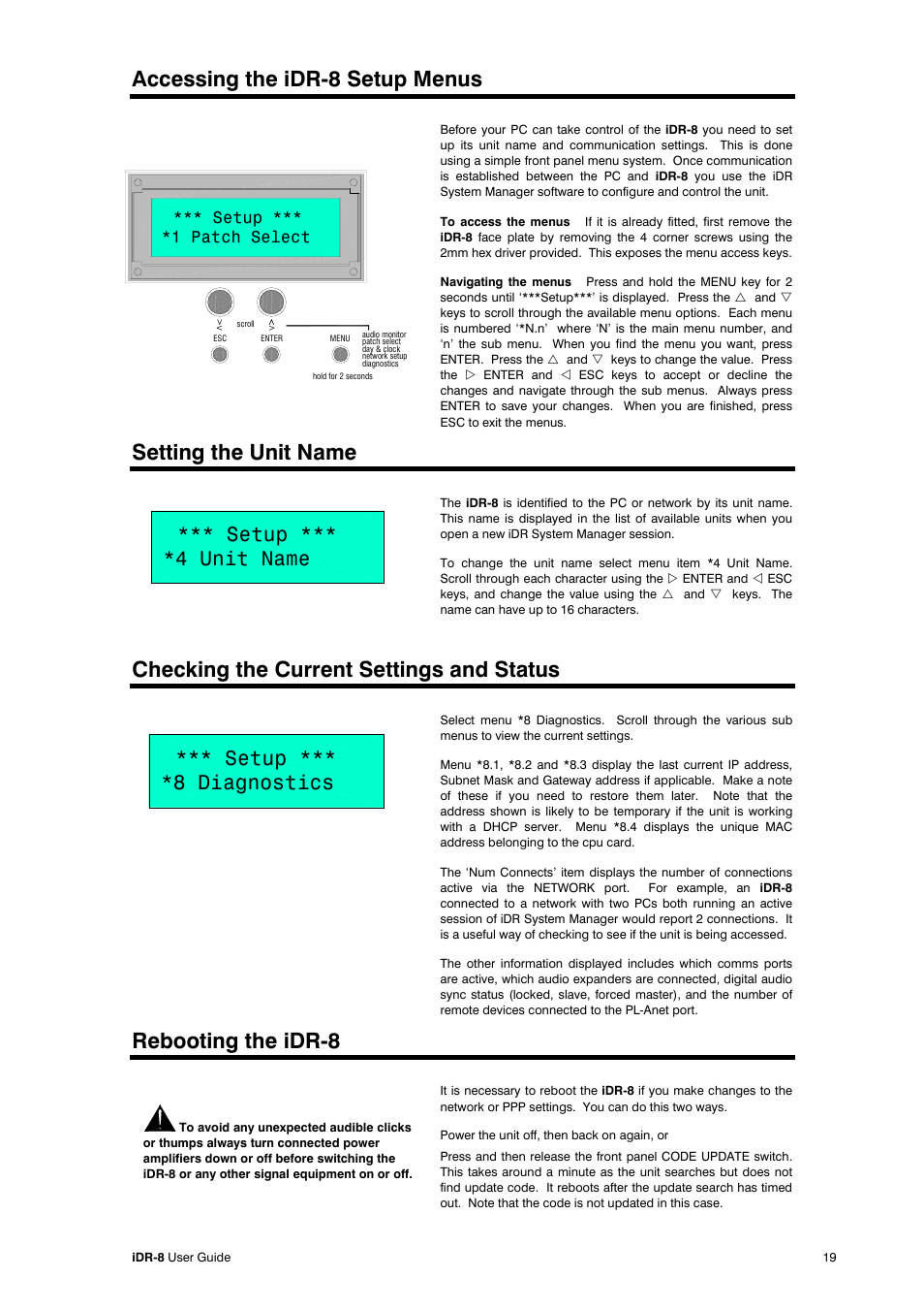 Accessing the idr-8 setup menus, Setting the unit name, Checking the current settings and status | Rebooting the idr-8, Setup *** *1 patch select | Allen&Heath iDR-8 User Manual | Page 19 / 48