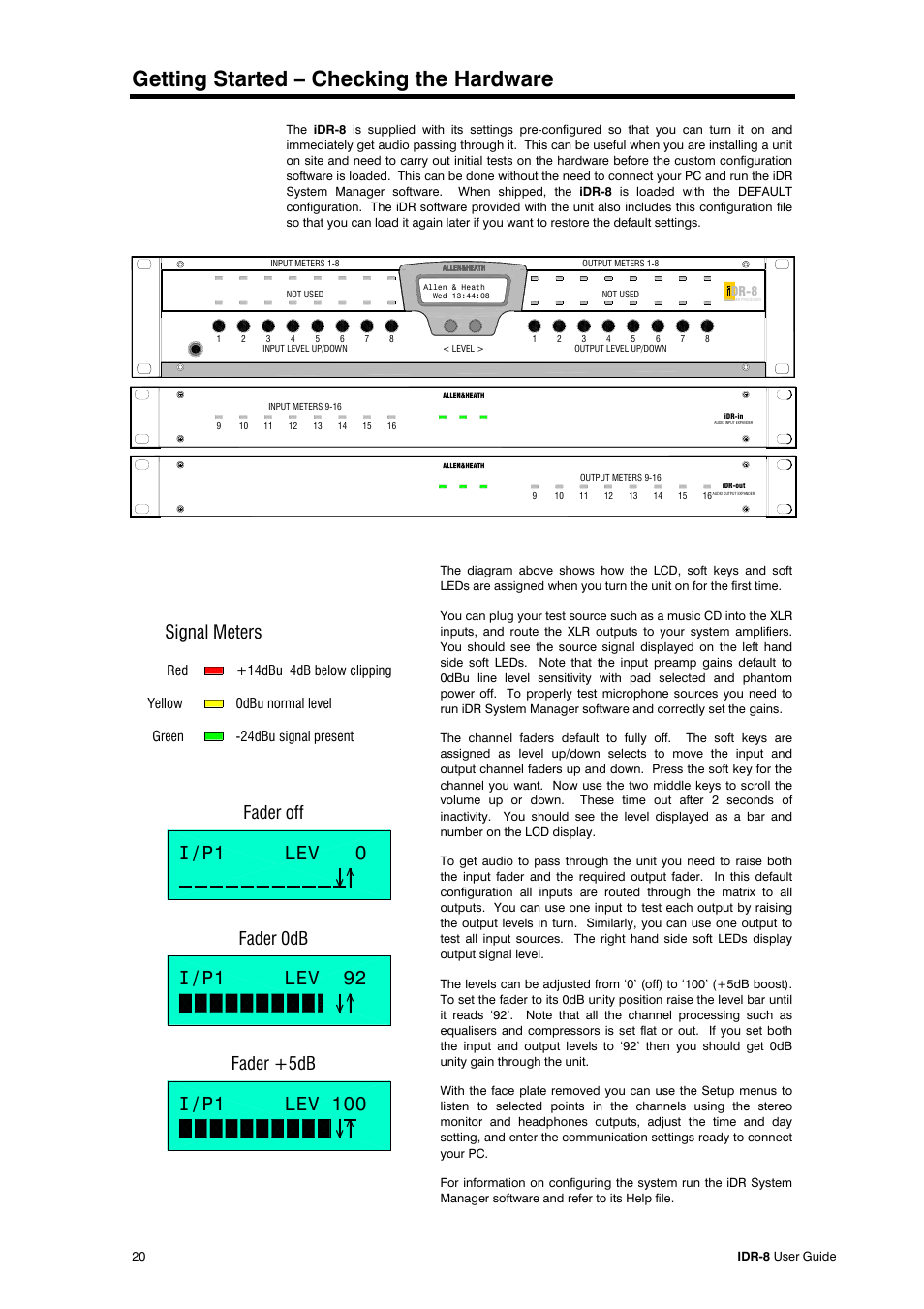 Getting started – checking the hardware, Signal meters, Fader off fader 0db fader +5db | Allen&Heath iDR-8 User Manual | Page 20 / 48