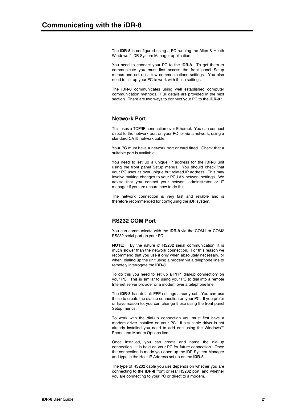 Communicating with the idr-8, Network port, Rs232 com port | Allen&Heath iDR-8 User Manual | Page 21 / 48