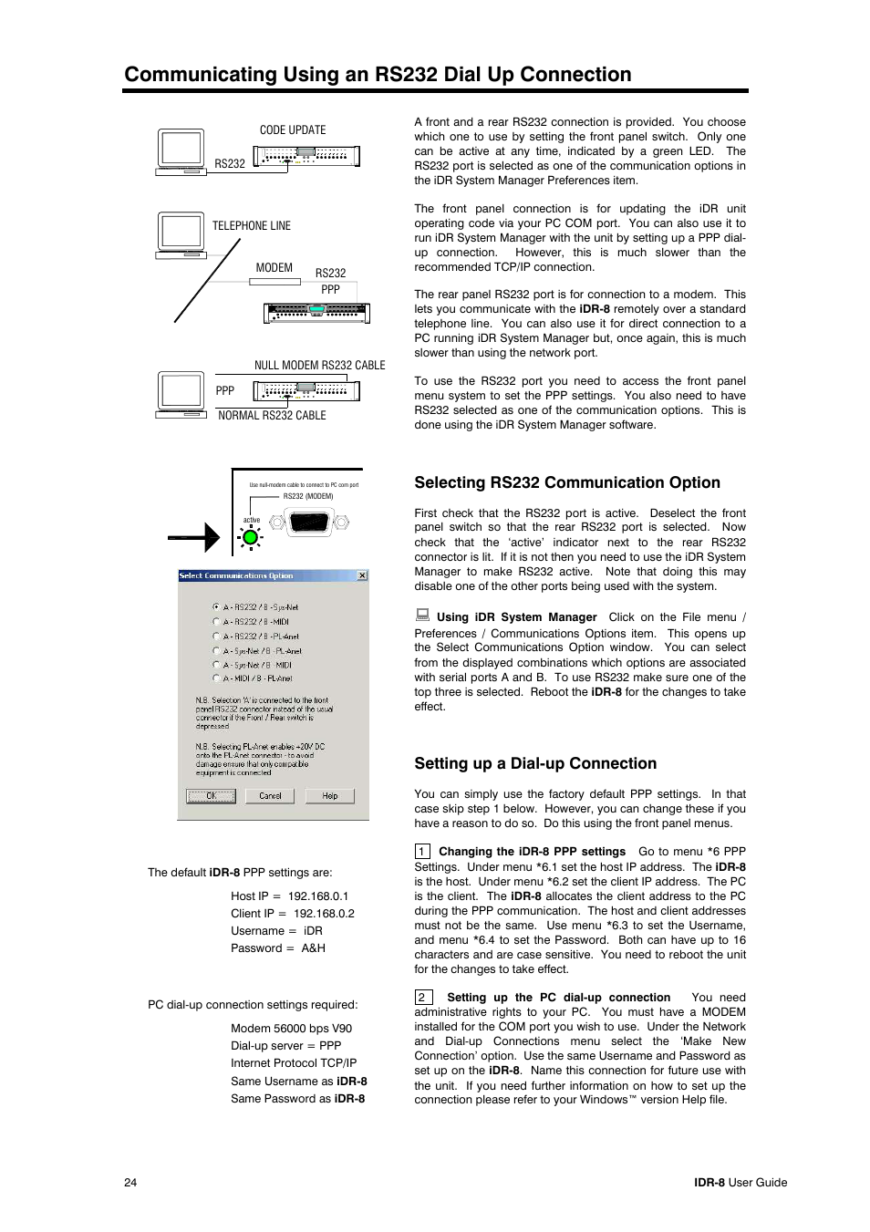 Communicating using an rs232 dial up connection, Selecting rs232 communication option, Setting up a dial-up connection | Allen&Heath iDR-8 User Manual | Page 24 / 48