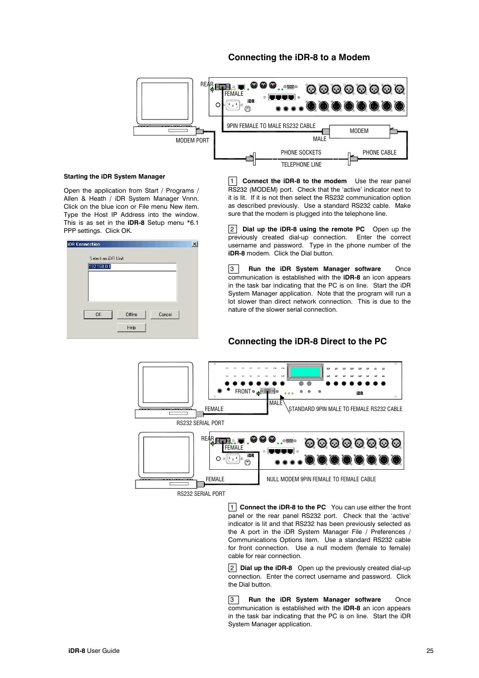 Connecting the idr-8 to a modem, Connecting the idr-8 direct to the pc | Allen&Heath iDR-8 User Manual | Page 25 / 48