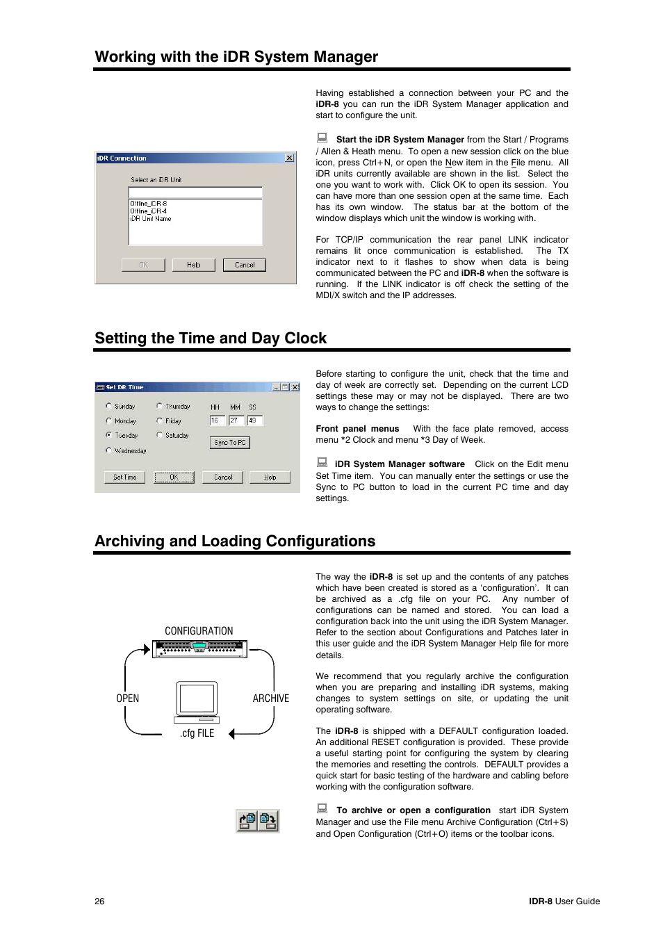 Working with the idr system manager, Setting the time and day clock, Archiving and loading configurations | Allen&Heath iDR-8 User Manual | Page 26 / 48