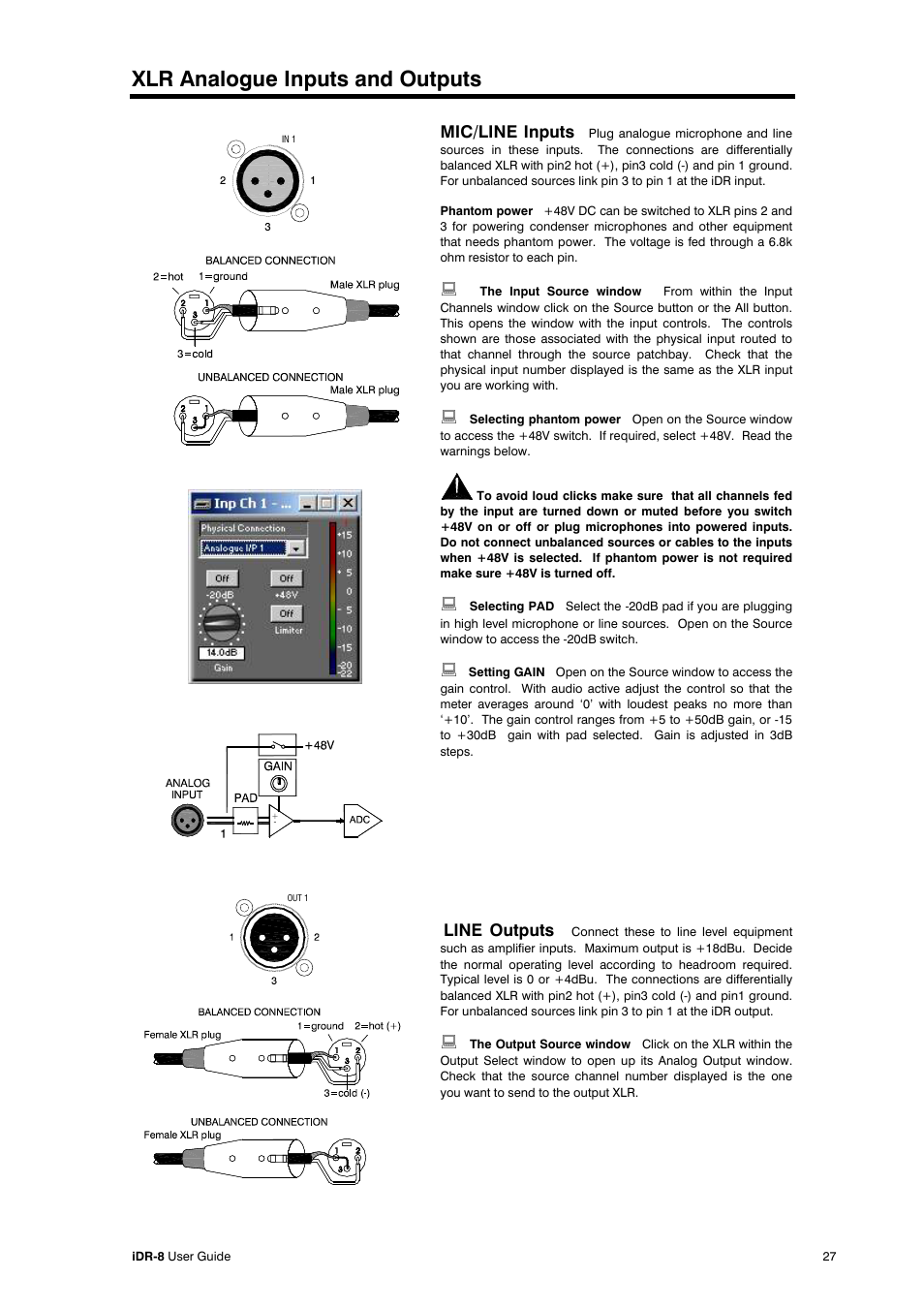 Xlr analogue inputs and outputs, Mic/line inputs, Line outputs | Allen&Heath iDR-8 User Manual | Page 27 / 48