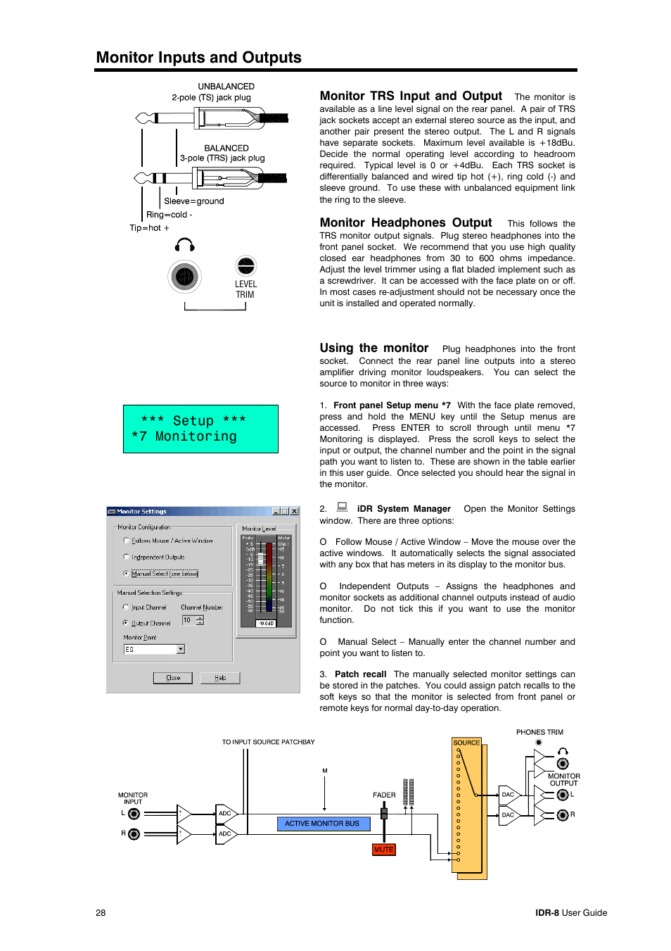 Monitor inputs and outputs, Setup *** *7 monitoring, Monitor trs input and output | Monitor headphones output, Using the monitor | Allen&Heath iDR-8 User Manual | Page 28 / 48