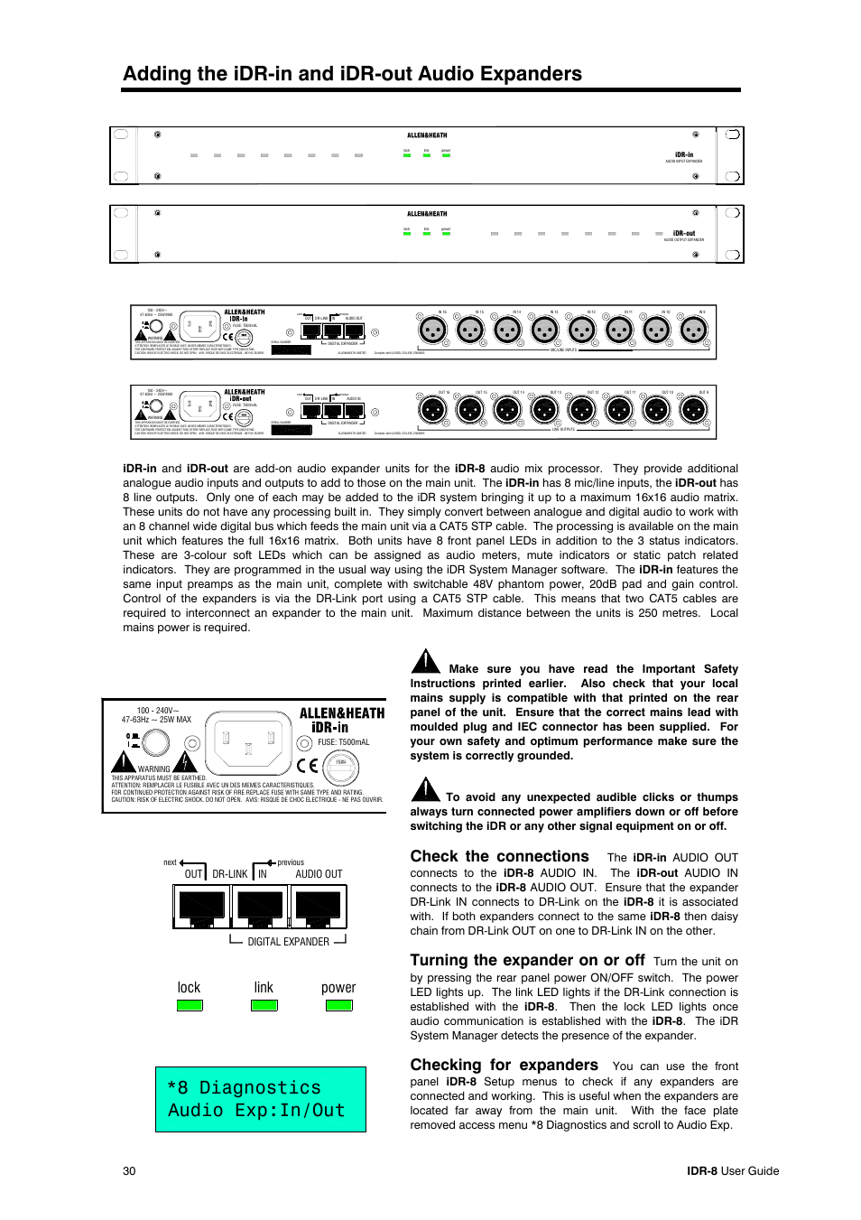 Adding the idr-in and idr-out audio expanders, 8 diagnostics audio exp:in/out, Check the connections | Turning the expander on or off, Checking for expanders, Power lock link, 30 idr-8 user guide, Audio out, Out dr-link | Allen&Heath iDR-8 User Manual | Page 30 / 48