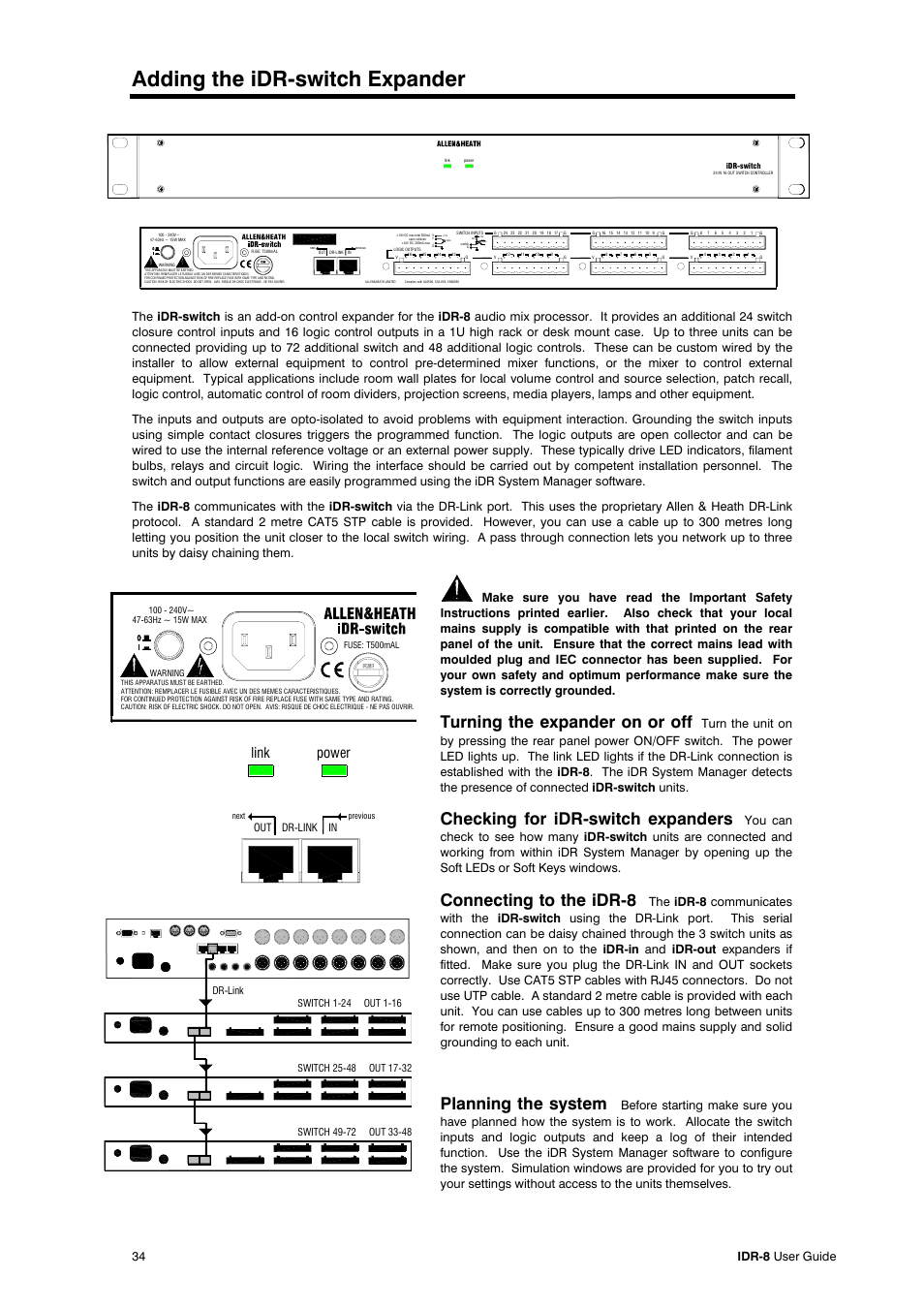 Adding the idr-switch expander, Turning the expander on or off, Checking for idr-switch expanders | Connecting to the idr-8, Planning the system, Link power, 34 idr-8 user guide, Out in dr-link | Allen&Heath iDR-8 User Manual | Page 34 / 48