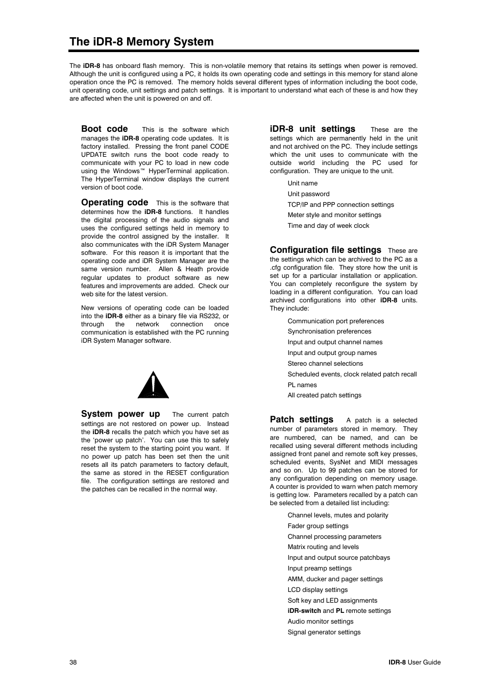 Boot code, Operating code, System power up | Idr-8 unit settings, Configuration file settings, Patch settings | Allen&Heath iDR-8 User Manual | Page 38 / 48