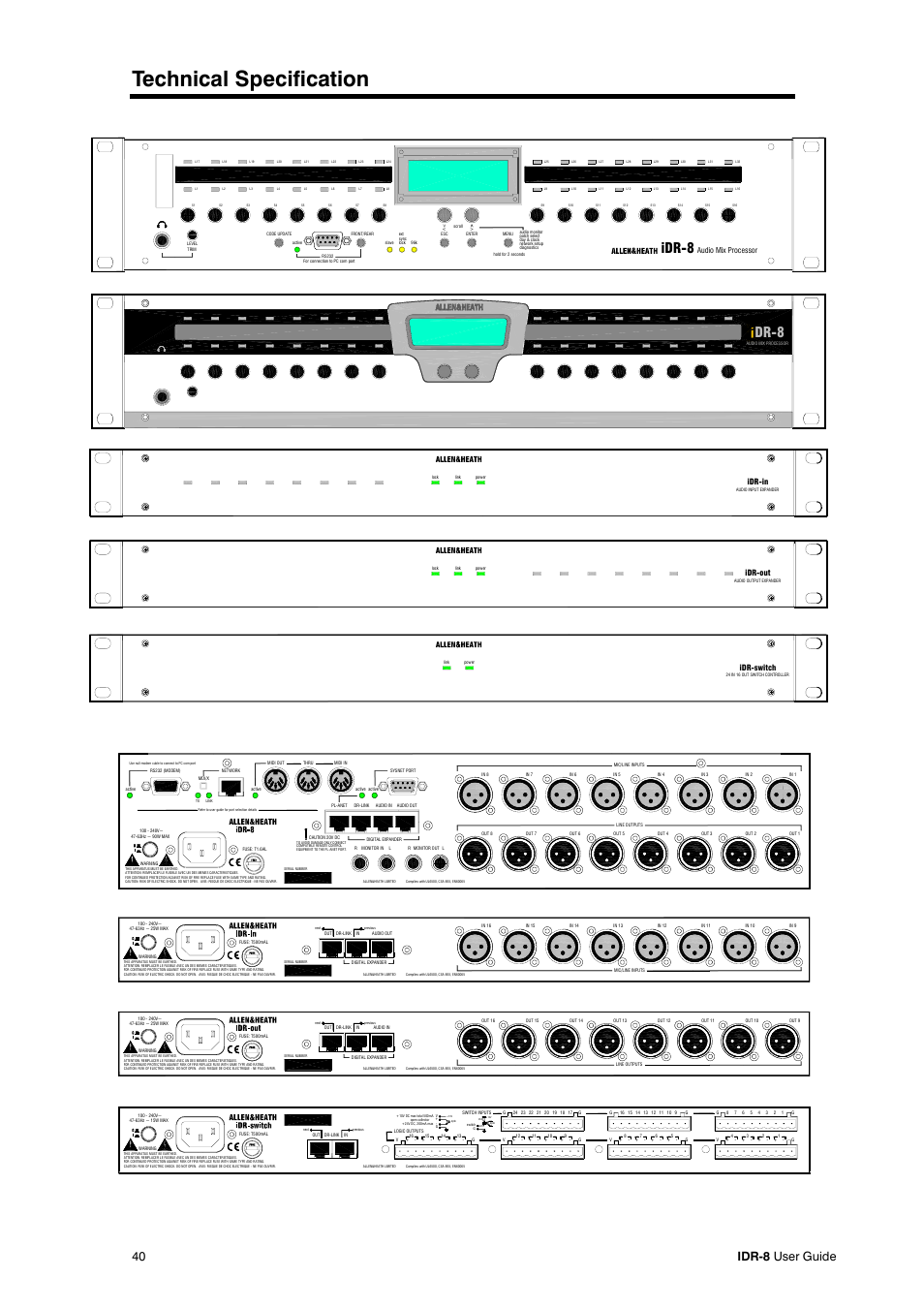 Technical specification, Dr-8, 40 idr-8 user guide | Idr-in, Idr-out, Idr-switch | Allen&Heath iDR-8 User Manual | Page 40 / 48